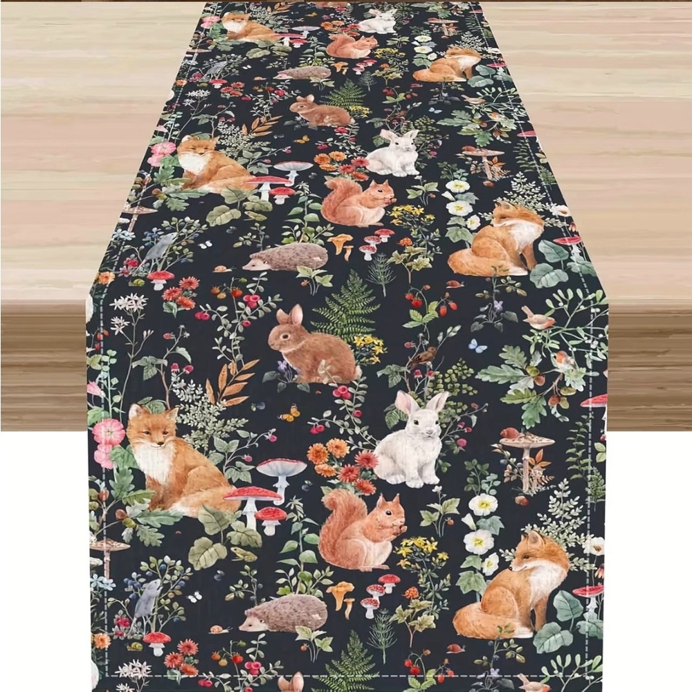 New Spring table runner 13x72 with rabbits , squirrels, foxes mushrooms design - Picture 1 of 3